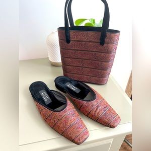 Stuart Weitzman brocade multicolor fabric mules Vintage with matching handbag